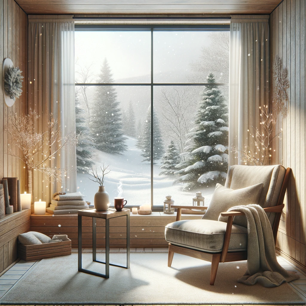 DALL-E-2023-11-18-21.15.36---Un entorno de oficina con temática de invierno realista y acogedor, con una cómoda silla y una mesa lateral de madera cerca de una ventana grande con vista a un paisaje nevado