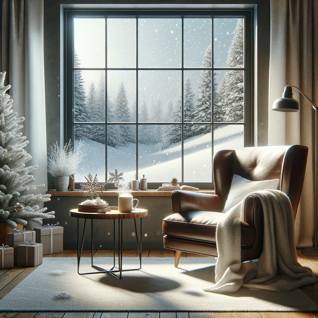DALL-E-2023-11-18-21.15.40---Un entorno de oficina con temática de invierno realista y acogedor, con una cómoda silla y una mesa lateral de madera cerca de una ventana grande con vista a un paisaje nevado
