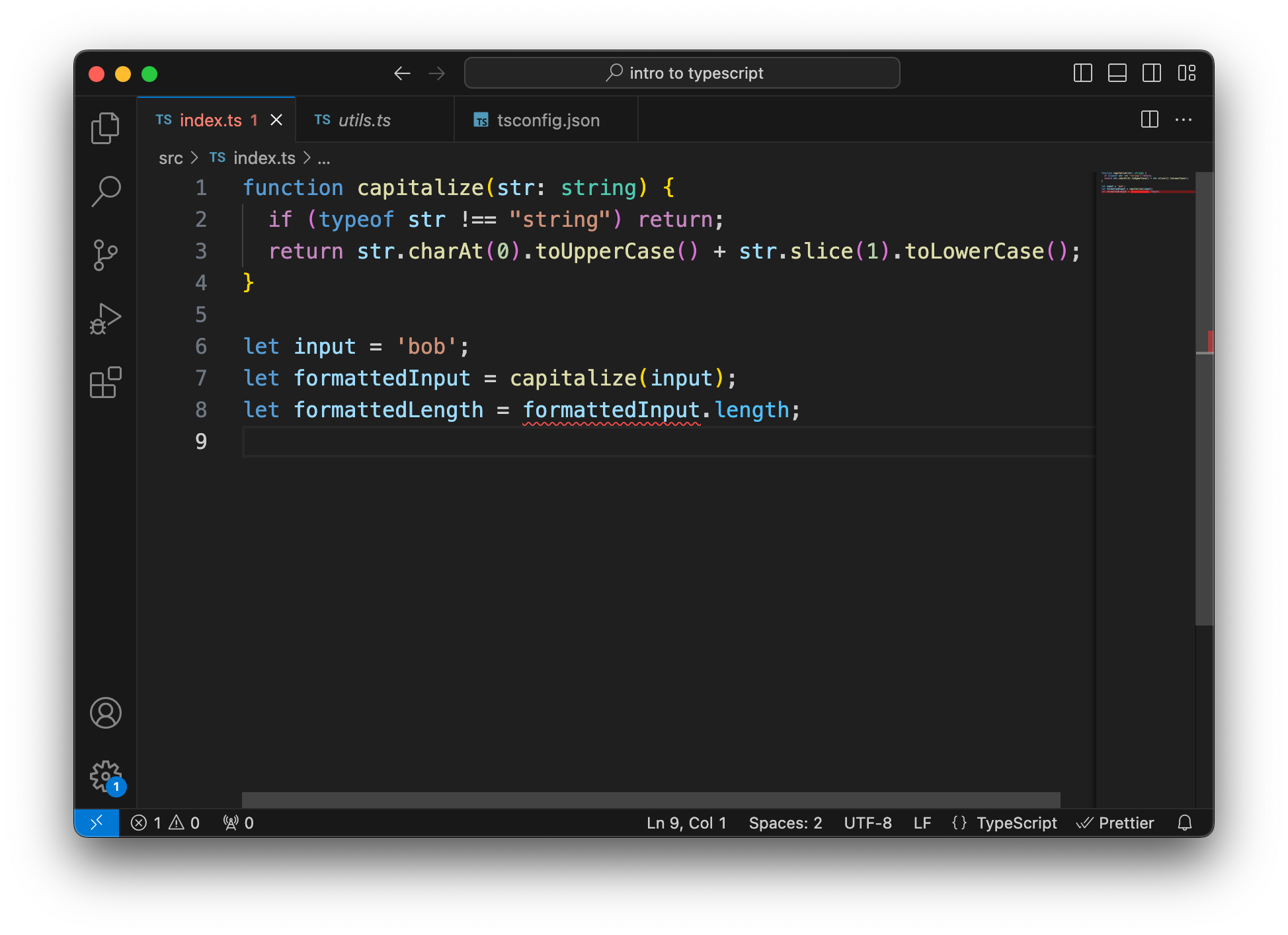 VS Code con el mismo archivo TypeScript que antes. Excepto que ahora establecimos el tipo del argumento de la función como string.