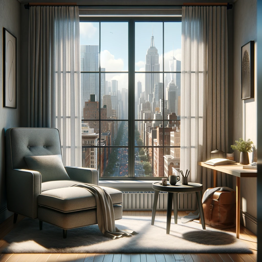 DALL-E-2023-11-18-21.10.45---Una representación realista de una acogedora esquina de oficina junto a una ventana grande con vista a una ciudad bulliciosa. La escena cuenta con un cómodo sillón y una pequeña mesa