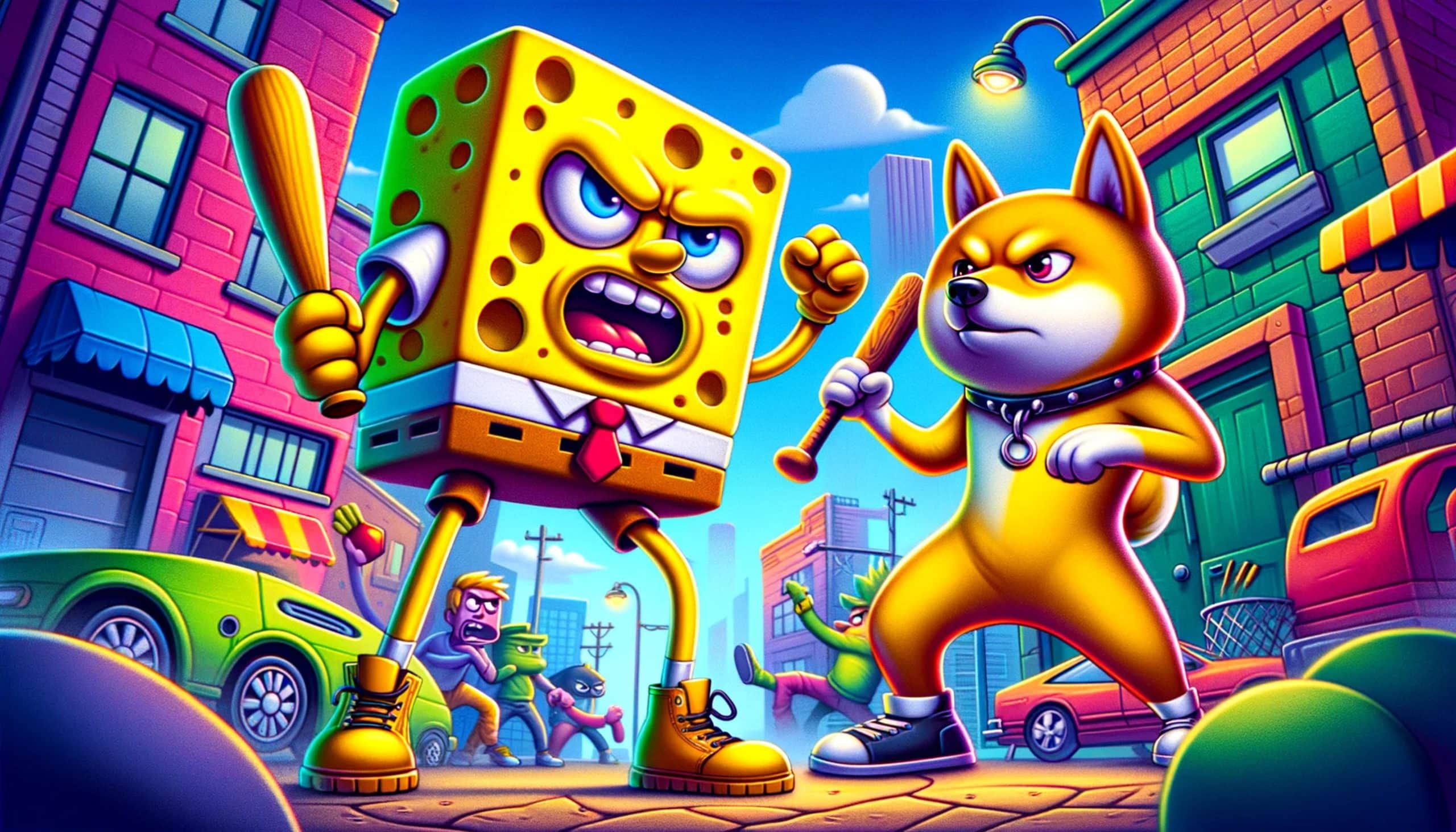 sponge character engaged in a street fight against a bat-wielding shiba inu dog