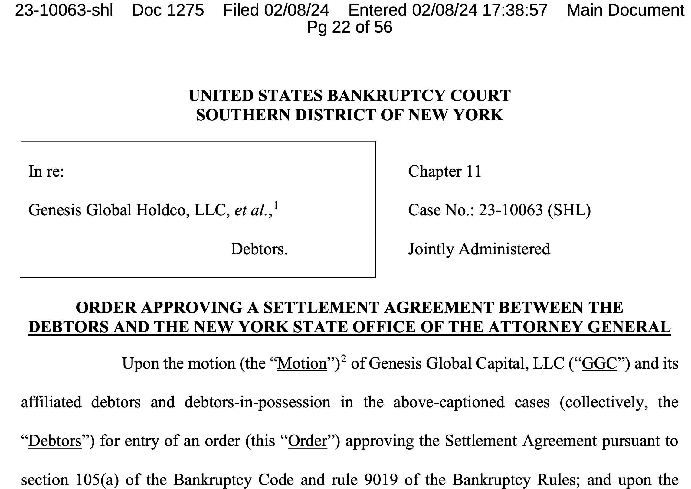 Genesis Global Holdco settlement with the NYAG
