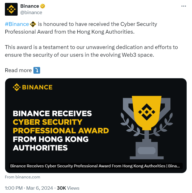 Binance announces its cybersecurity award. Source: Binance on X