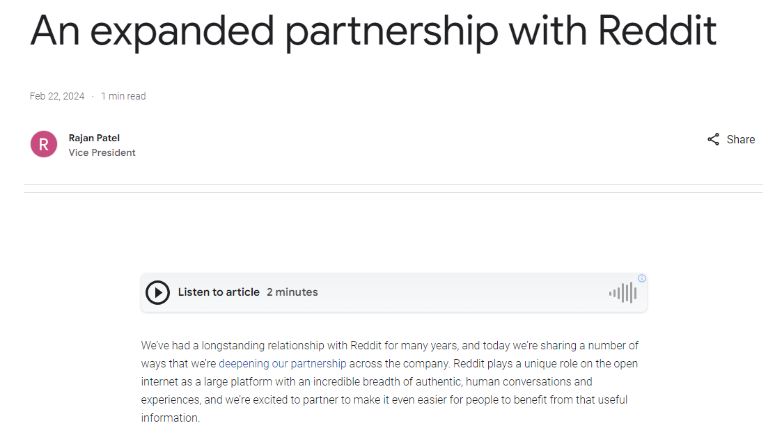 Google’s Reddit partnership announcement