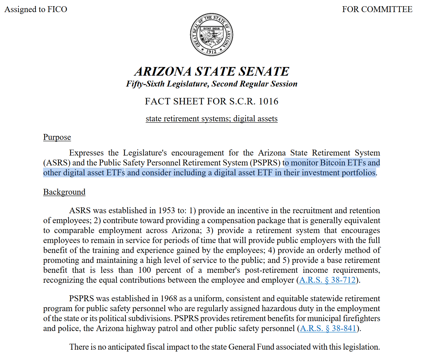 Arizona Senate Bitcoin ETF retirement bill