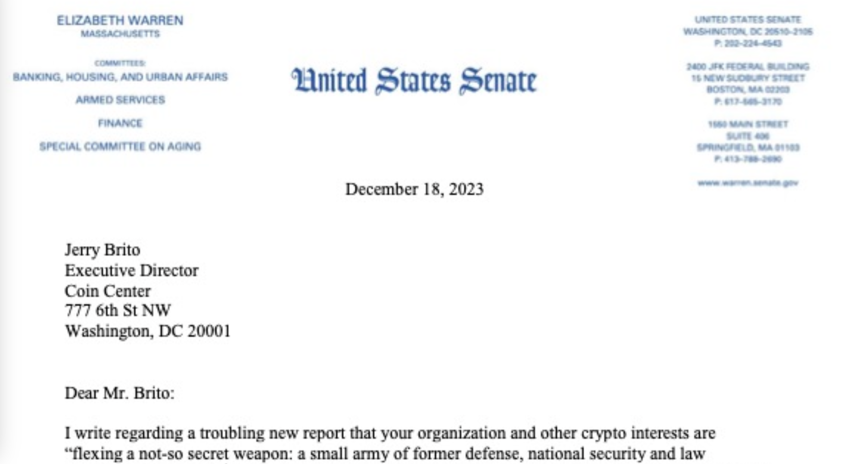 Senator Warren’s Dec. 18 letter to Coin Center. Source: Jerry Brito/X (formerly Twitter)