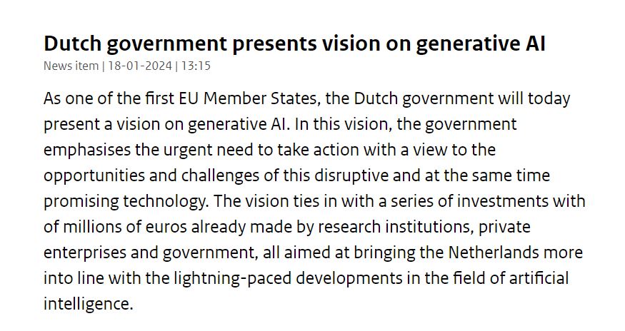 Screenshot of the Dutch government’s announcement on its AI vision. Source: Ministry of Interior and Kingdom Relations