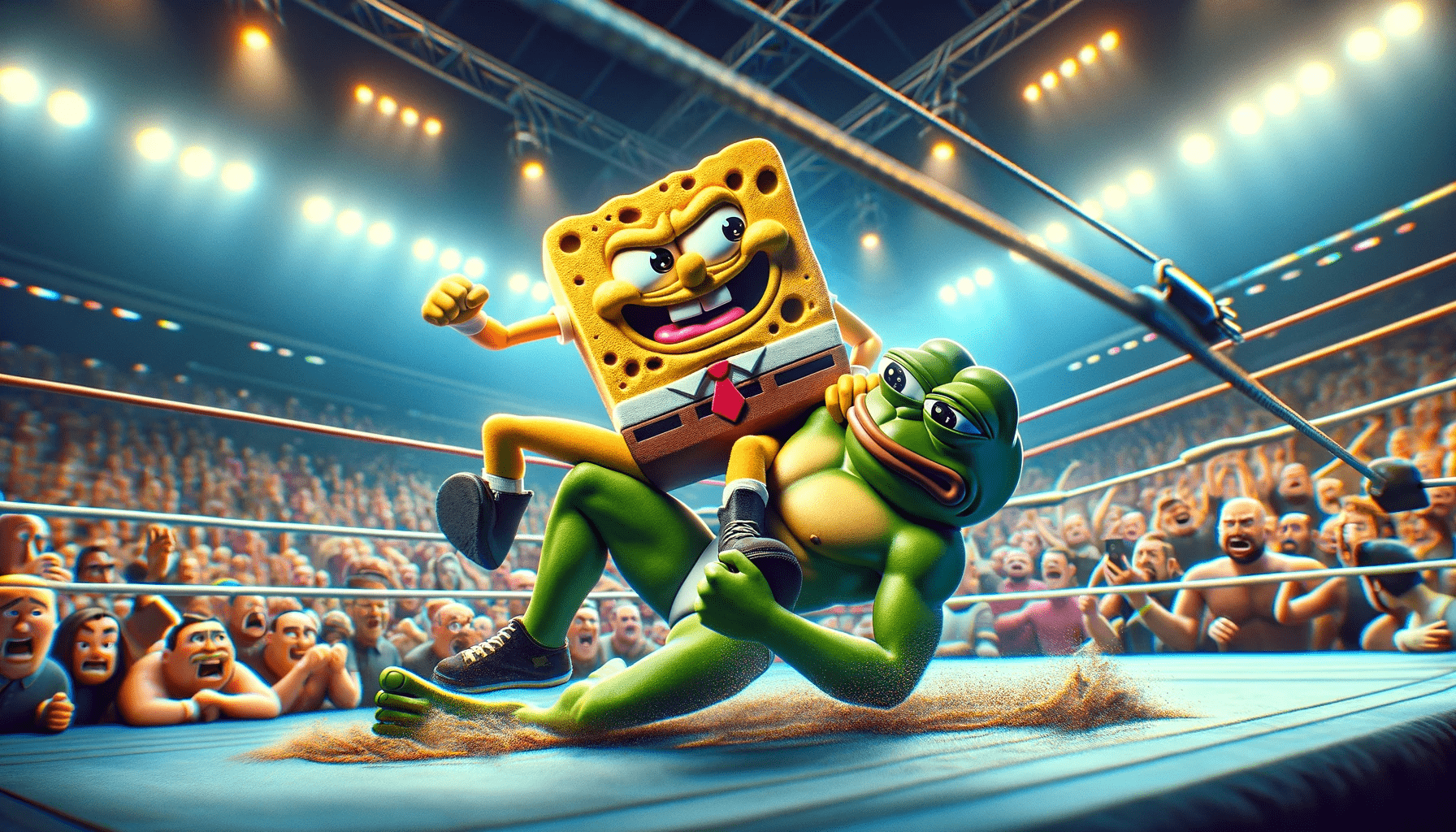 Meme coin mascots SpongeBob and Pepe wrestling in Meme Kombat’s battle arena.