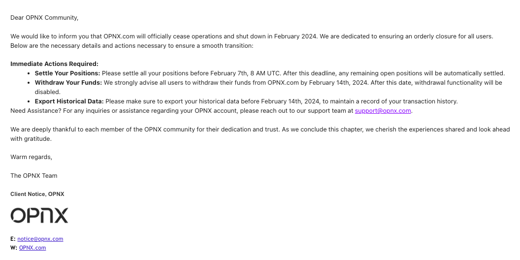 OPNX表示所有用户将在2月14日停用提款功能