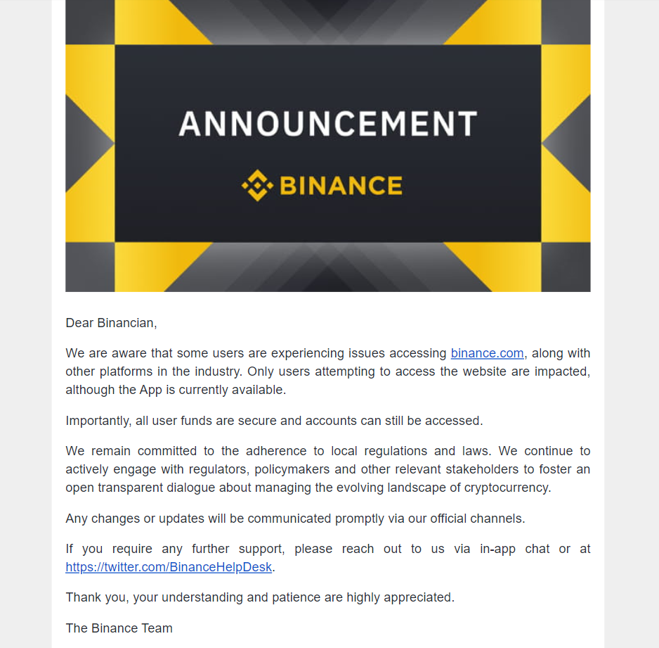 Binance email to users