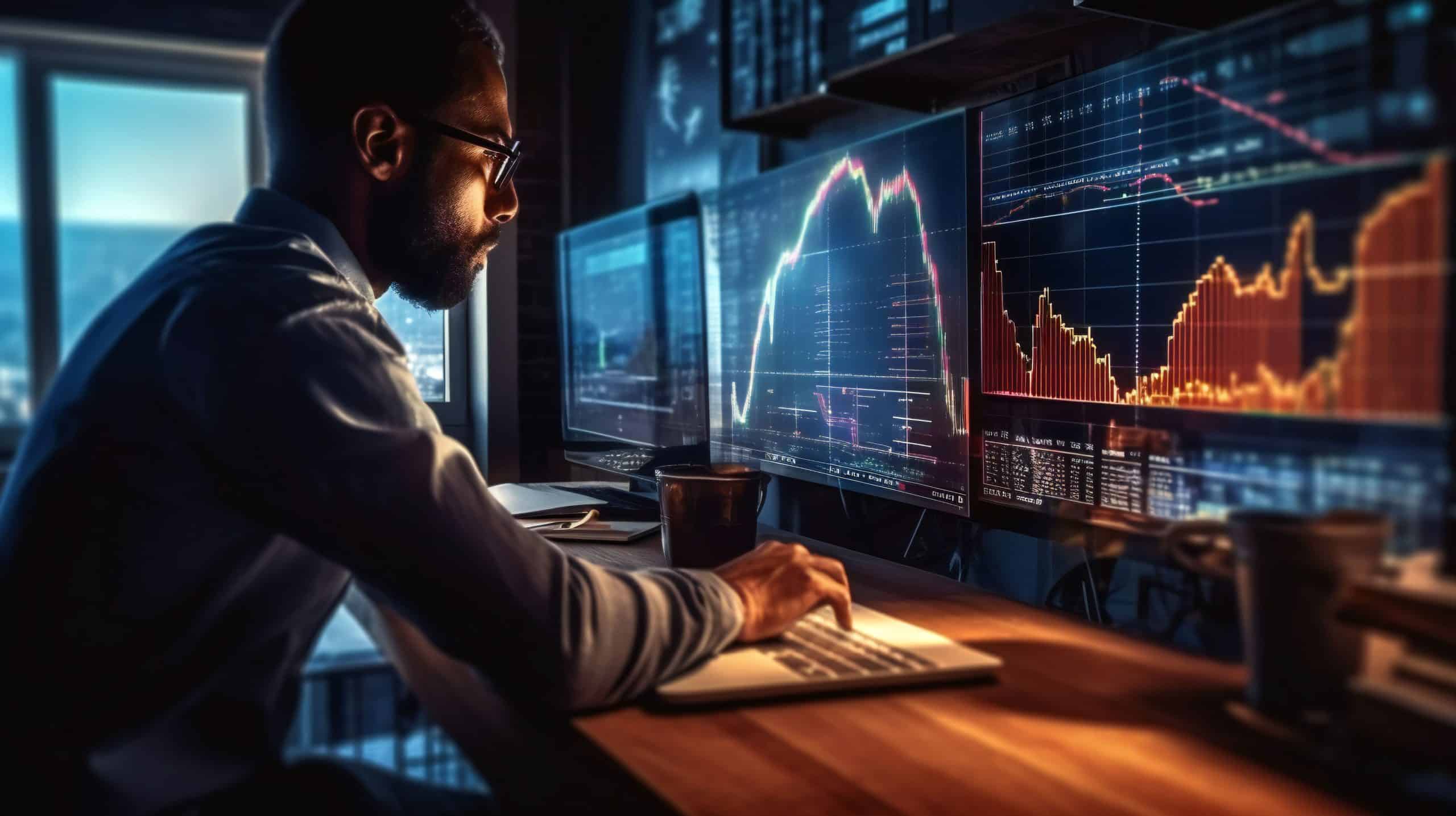 一个独行的交易者在大型多显示器工作站上研究股票市场图表，利用移动应用程序分析加密货币和投资增长图表。人工智能生成
