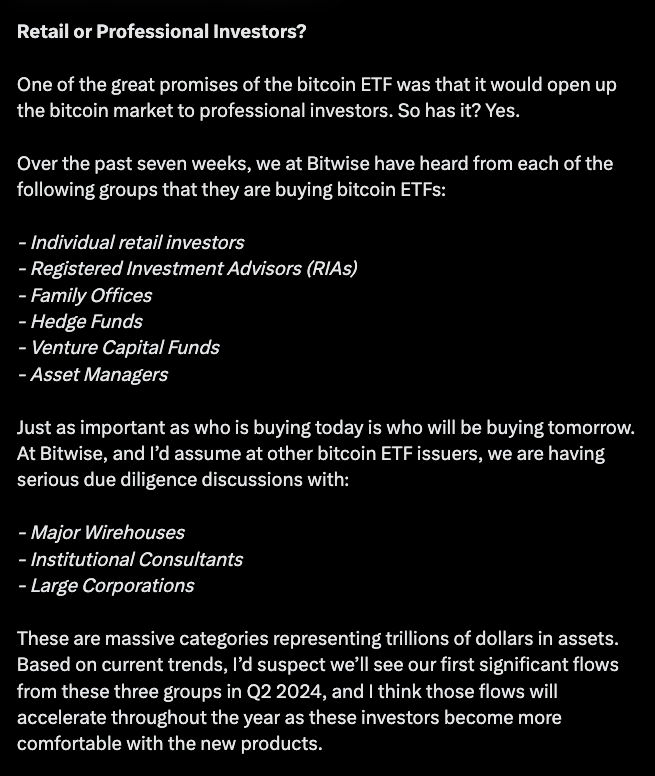Institutional capital is getting ready to flow into Bitcoin ETFs. Source: Bitwise on X