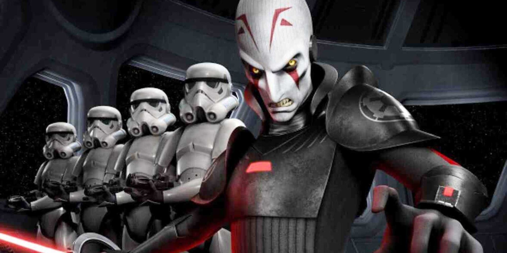 Star Wars Il Gran Inquisitore comanda una fila di stormtrooper
