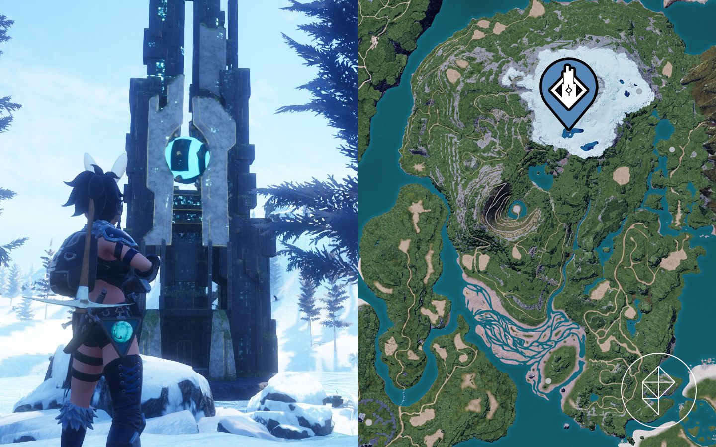 Un compañero de Palworld está frente a la torre en la nieve con un mapa que muestra su ubicación.
