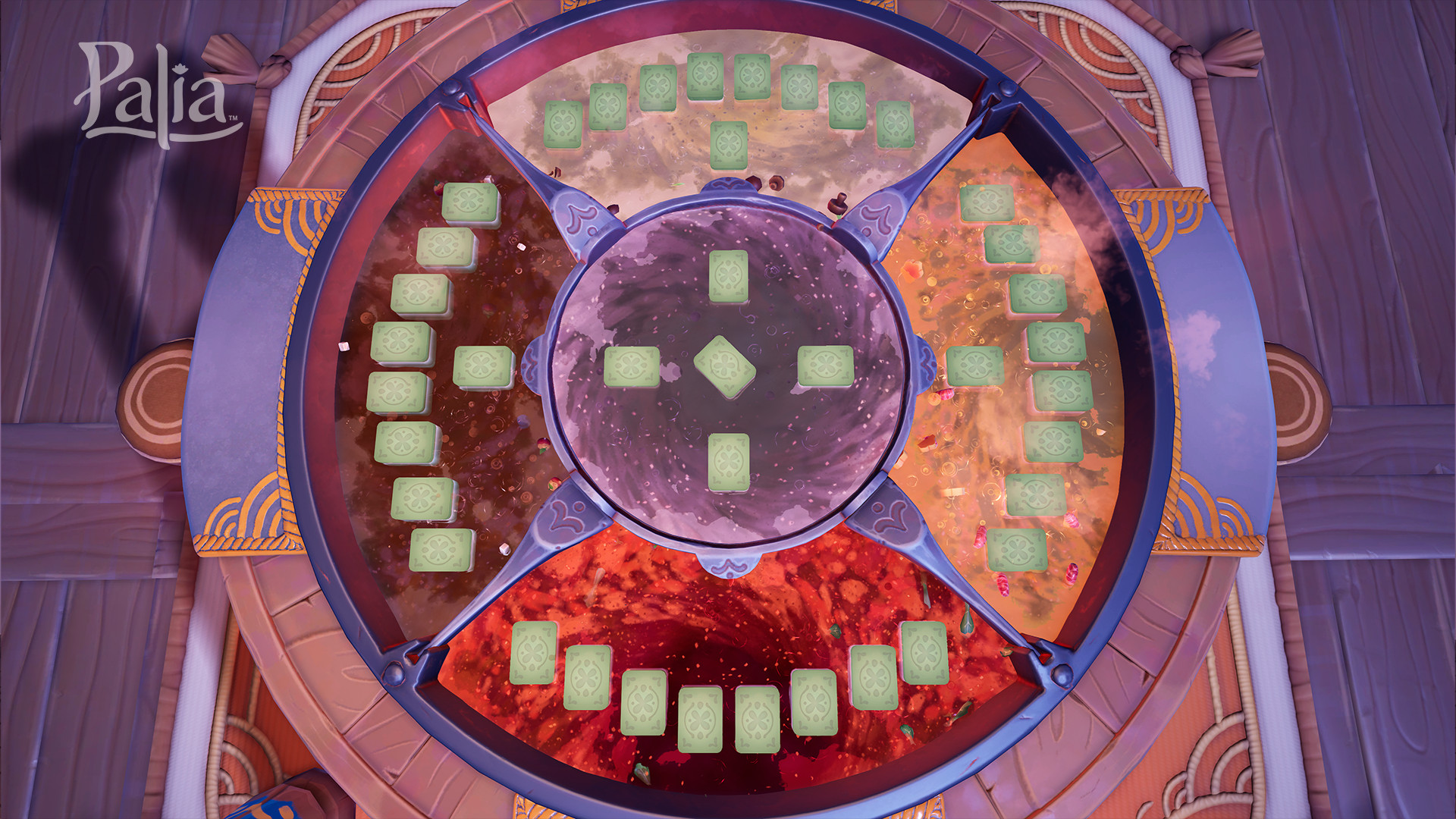 Una vista dall'alto del gioco delle carte Hotpot in Palia, rappresentato da tessere simili al mahjong che fluttuano in una grande pentola di zuppa bollente.