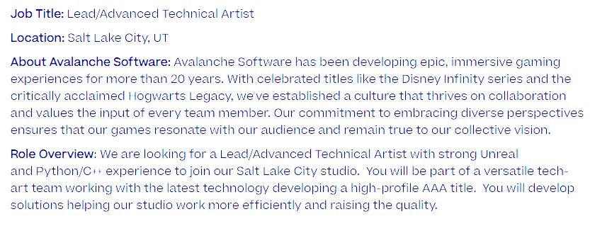 Artista Tecnico per videogiochi AAA di Avalanche Software