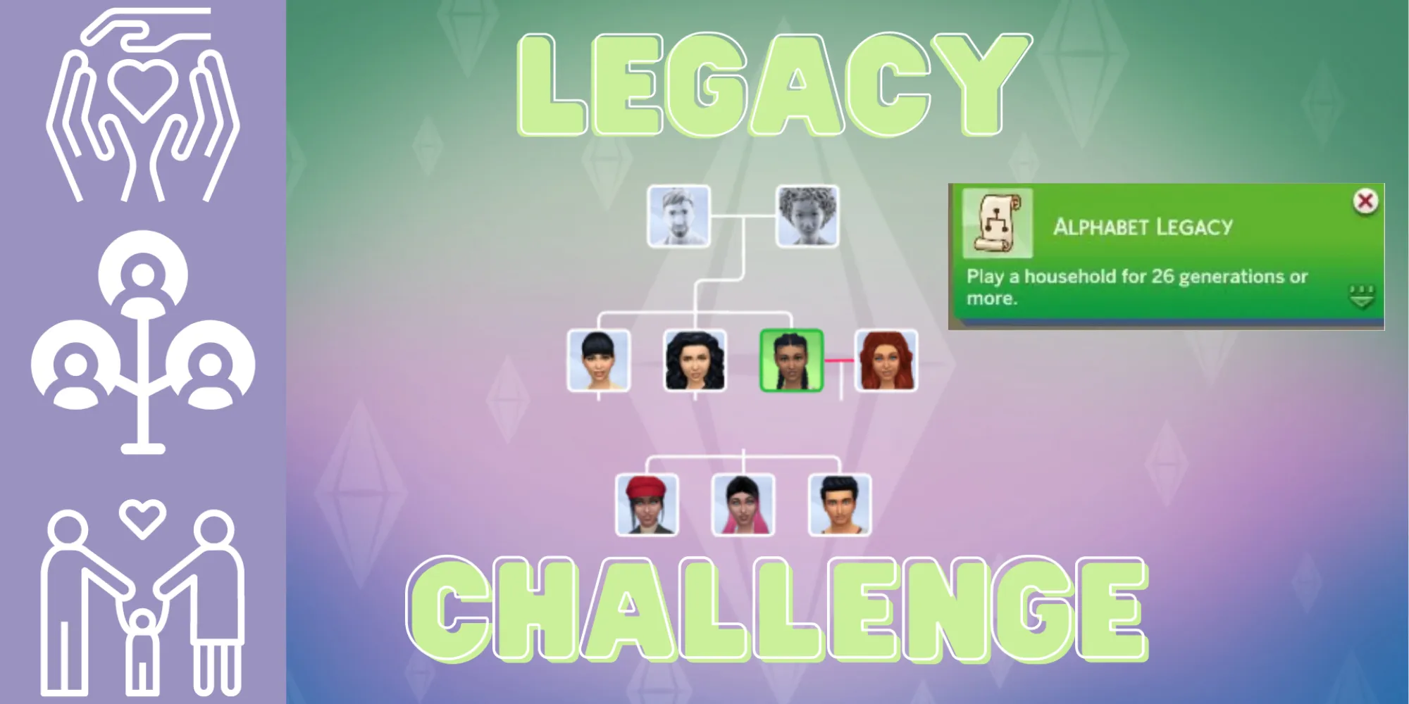 Генеалогическое древо из The Sims 4, связанное с челленджем Алфавитного Легаси