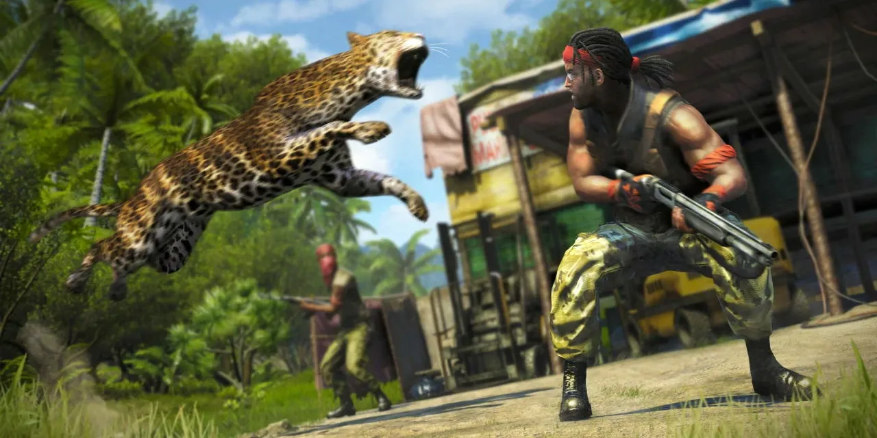 A jaguar pounces on one of Vas’s pirates at an outpost in the game Far Cry 3