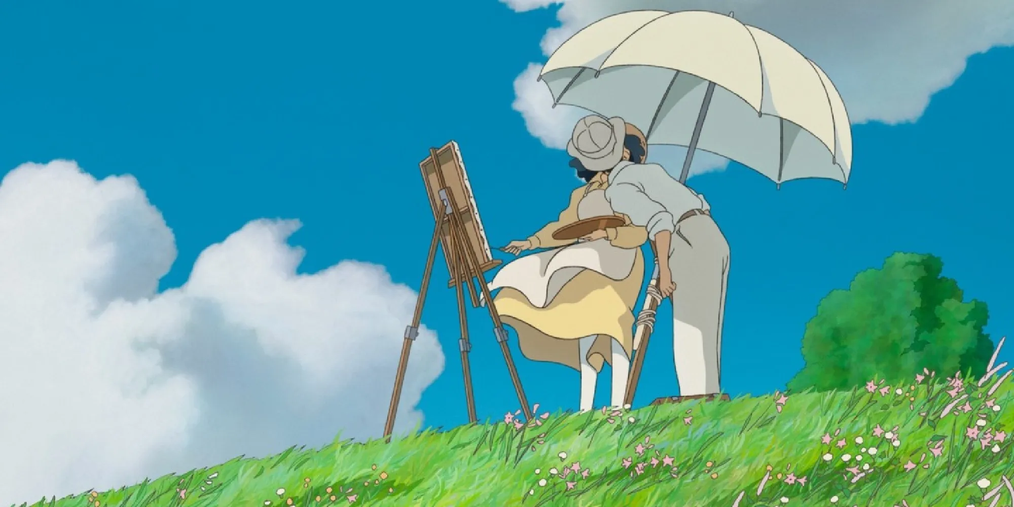 Jiro kissing Naoko on the hill where she paints in the Wind Rises