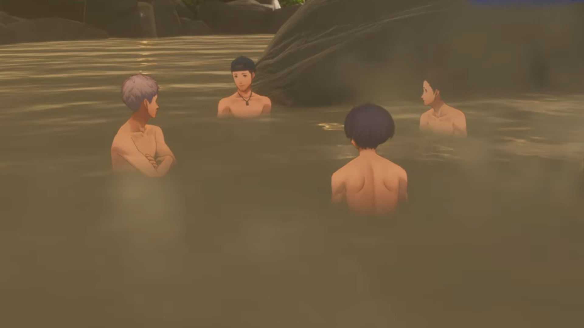 A group of boys hang out in the Hot Springs in Persona 3 Reload.