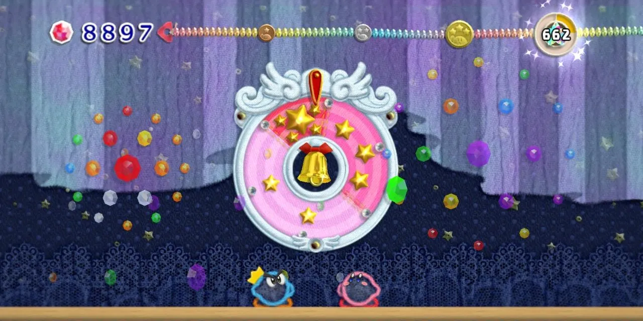 在《Kirby’s Epic Yarn》关卡结束时的Kirby和Prince Fluff