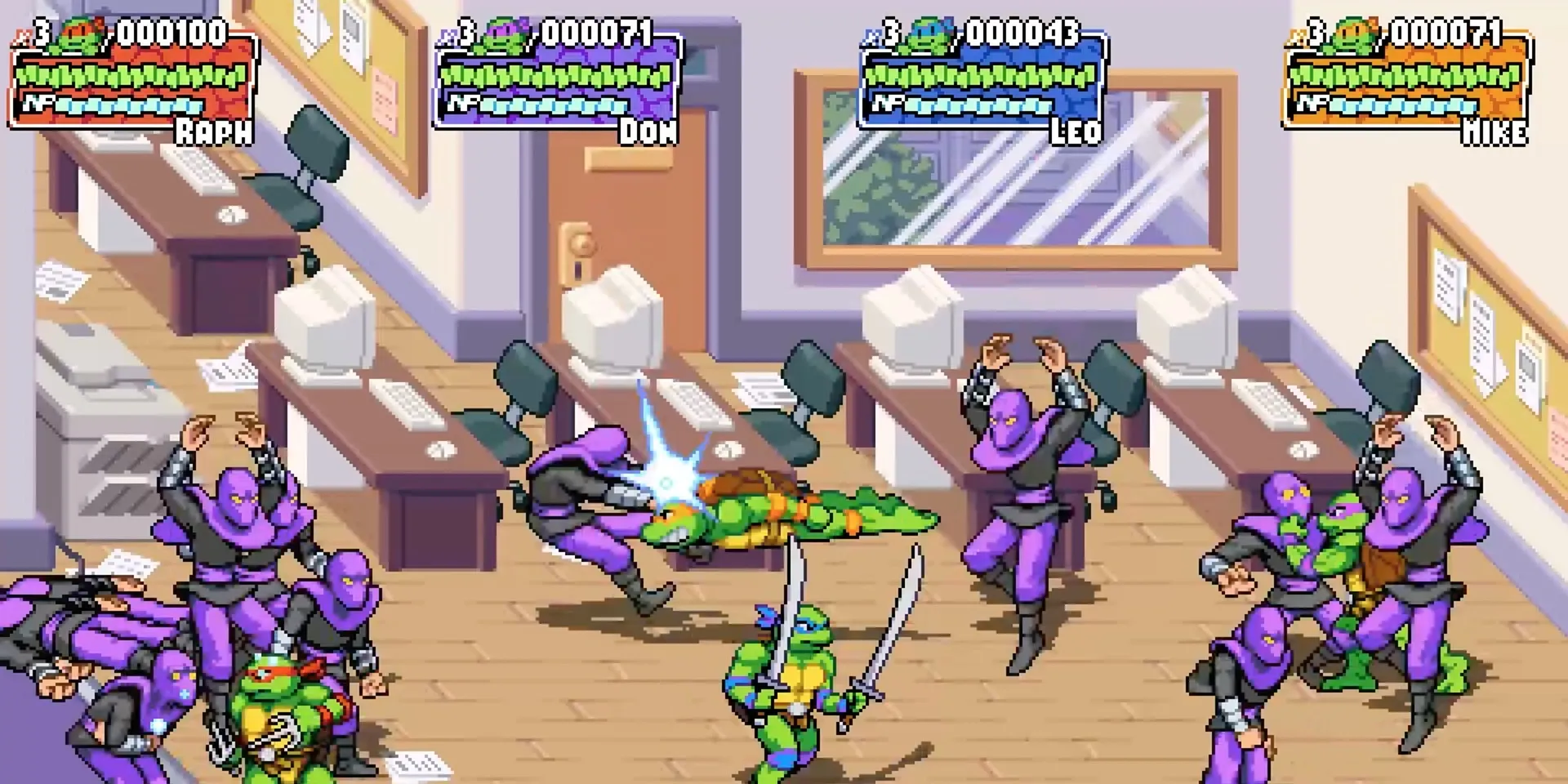 TMNT Shredder’s Revenge all the turtles fighting many ninjas