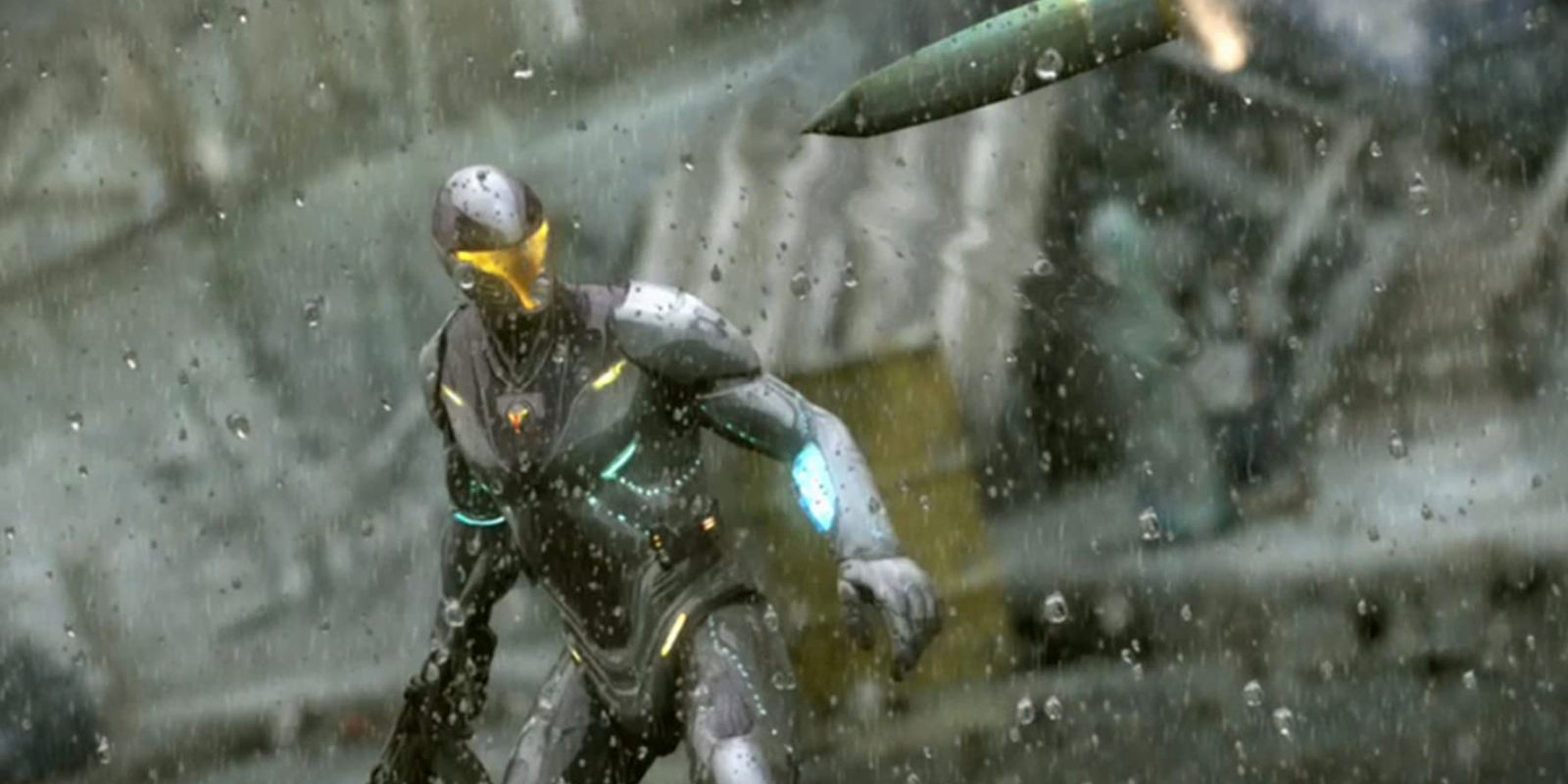 Timeshiftのキャラクターが雨の中で立ち、物体が彼らに向かって飛んでいる