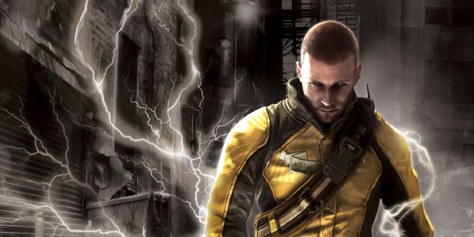 The main protagonist faces the viewer, electricity crackling behind him on an urban street. 