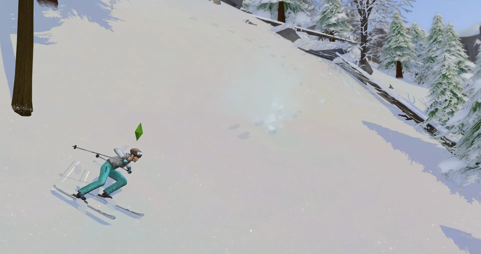 Un Sim che scia lungo la pista più intensa del Monte Komorebi nello skill dello sci di The Sims 4 Snowy Escape