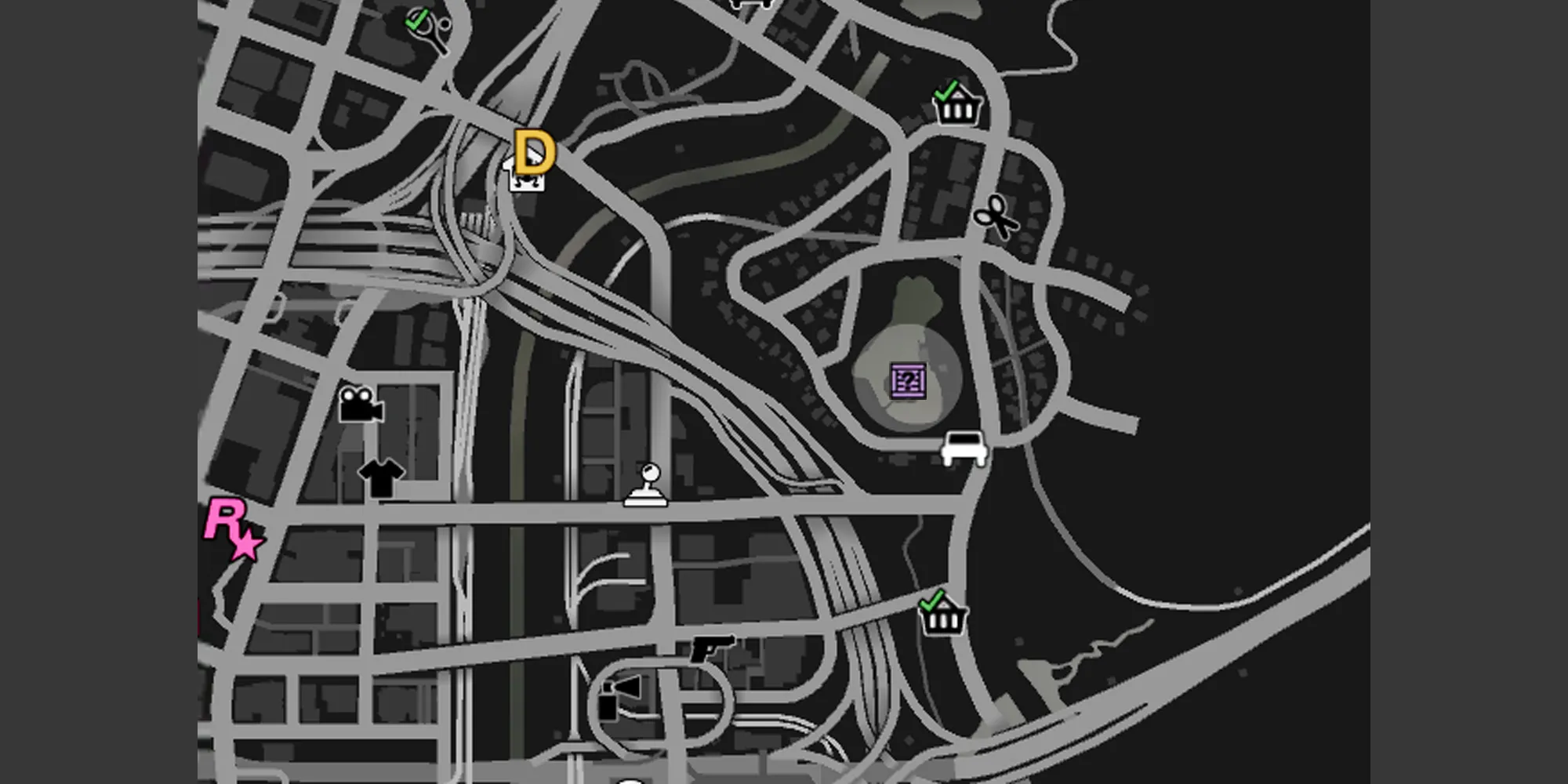 イメージはGTA Onlineのマップ上のミラーパーク湖を示しており、灰色の円と紫色のGのキャッシュの箱のアイコンがあります。