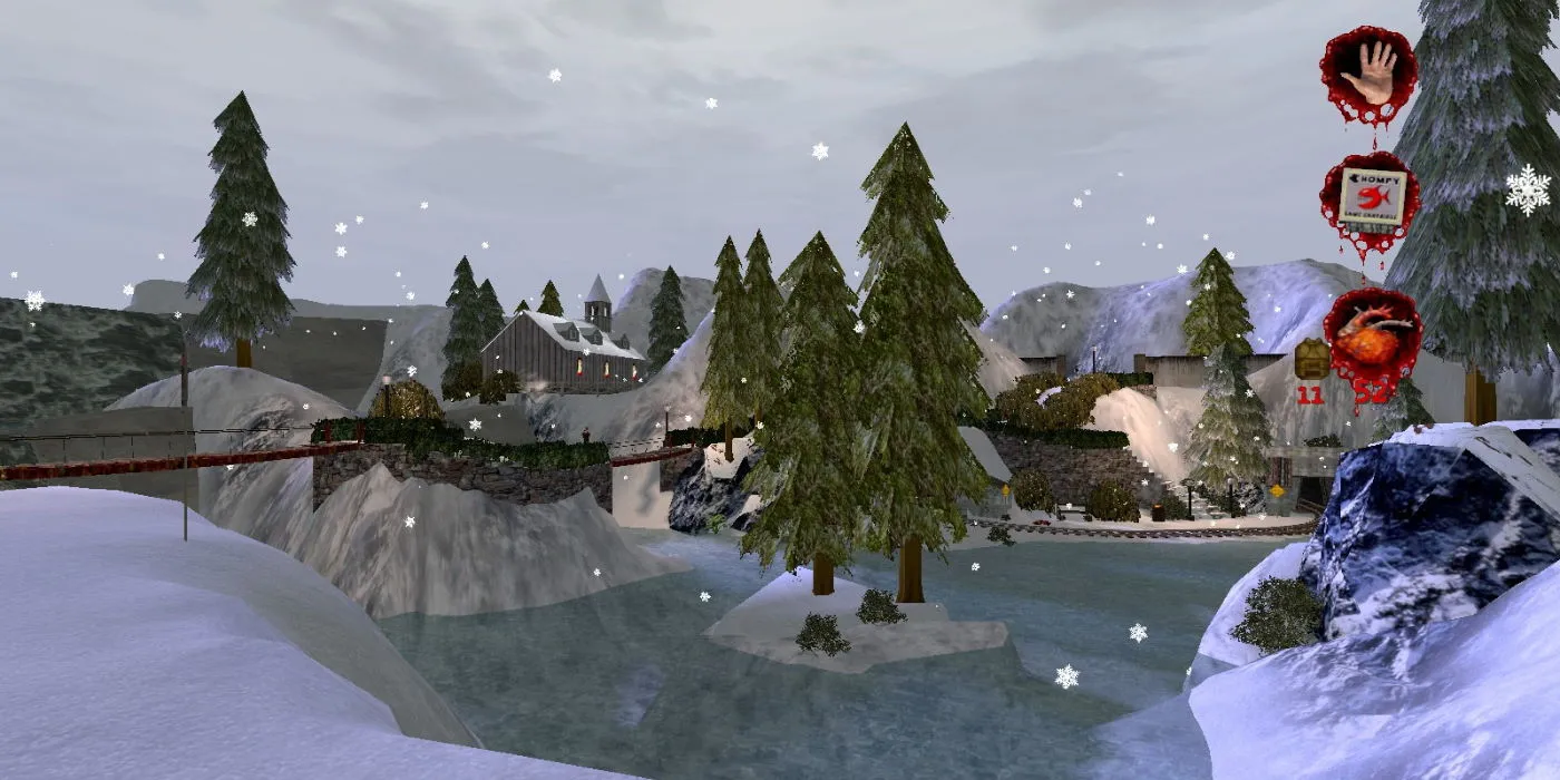 A winter wonderland with trees, bridges, and an icy lake
