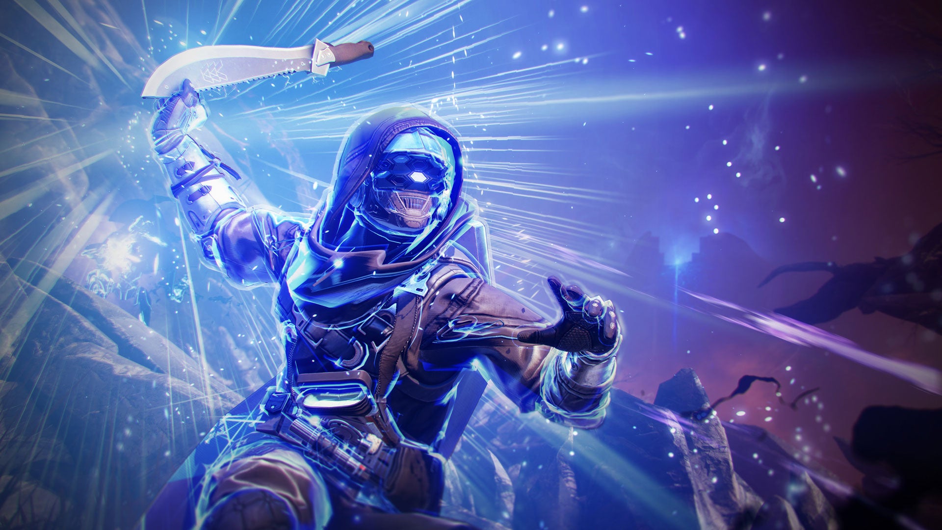 来自Destiny 2《最终形态》扩展的截图，显示猎人手持刀剑，作为新的“暴风边缘”超能力的一部分。