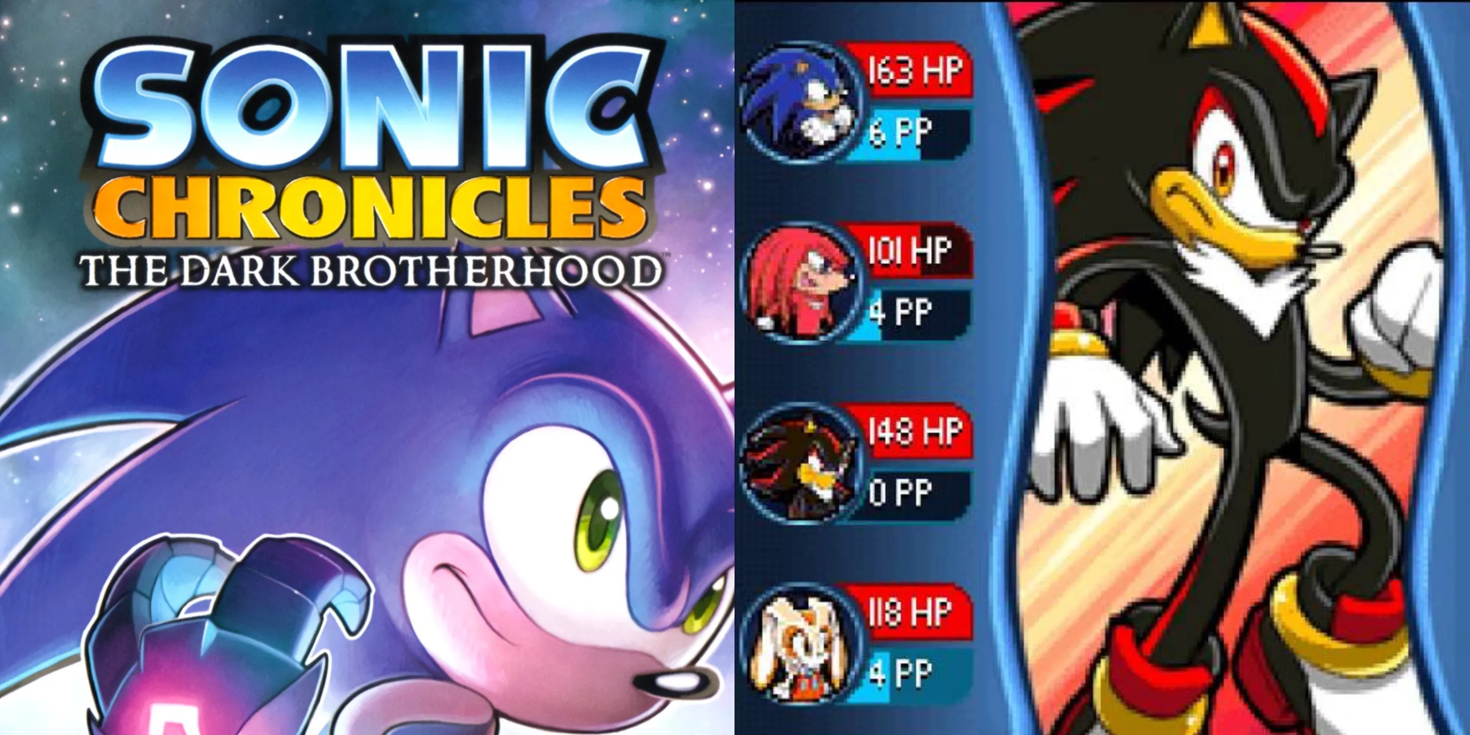 Screenshot di Sonic Chronicles key art e dello schermo DS quando Shadow è il personaggio giocante