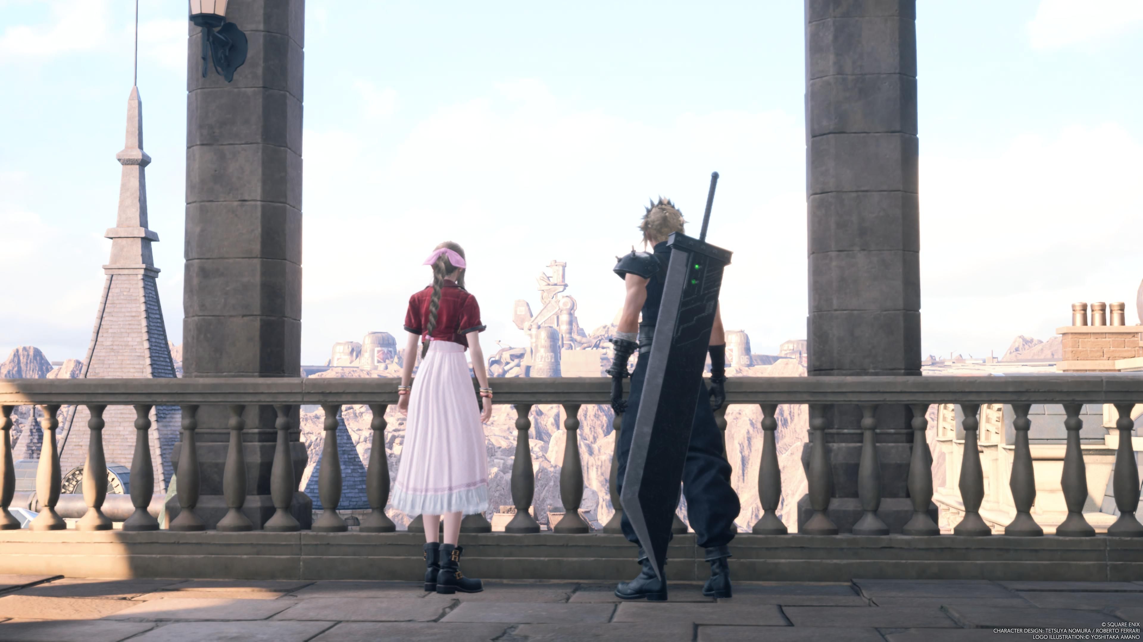 Эрит и Клауд на смотровой башне Калма, глядя в сторону Мидгара в FF7 Rebirth