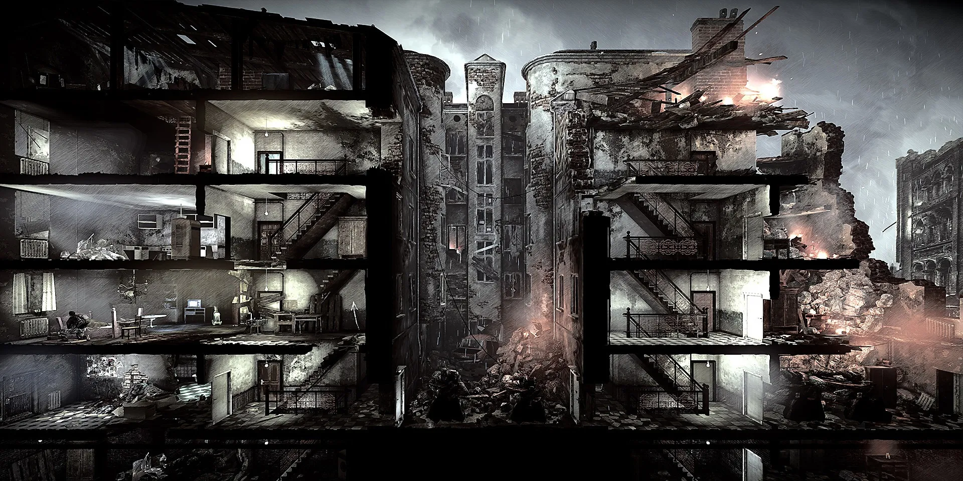 Shelters collapsing in wartime conditions in This War of Mine
