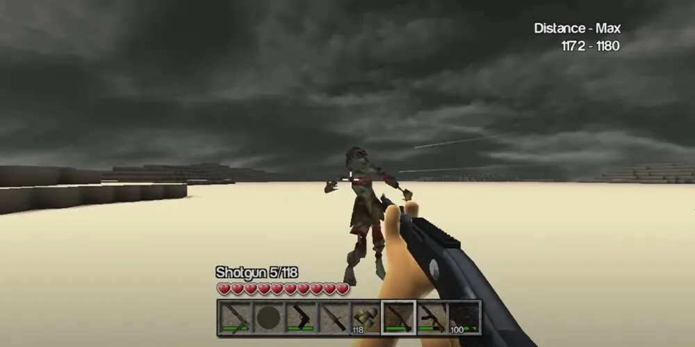 Un joueur vise un zombie avec un fusil à pompe