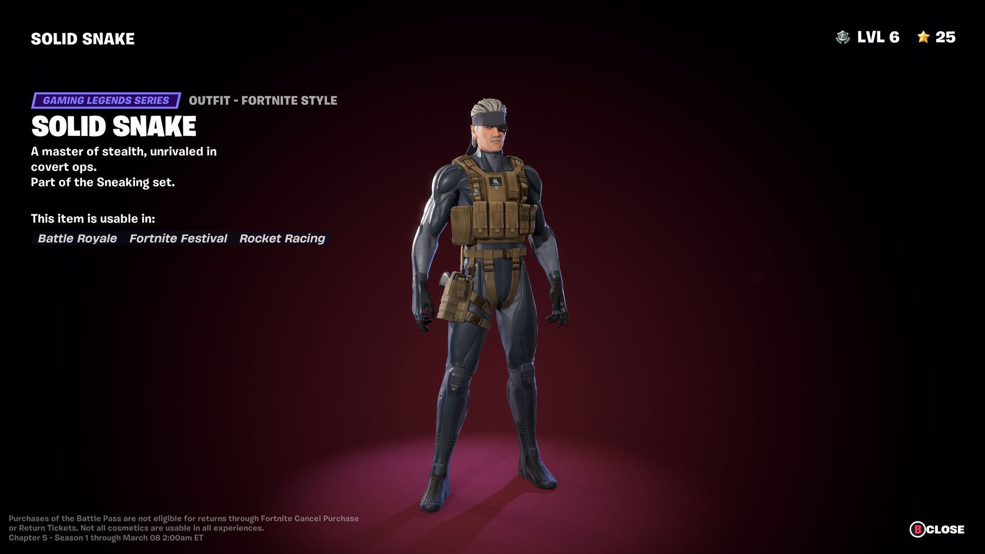 A menu shows the character model for Old Snake in the Chapter 5 Season 1 battle pass for Fortnite.