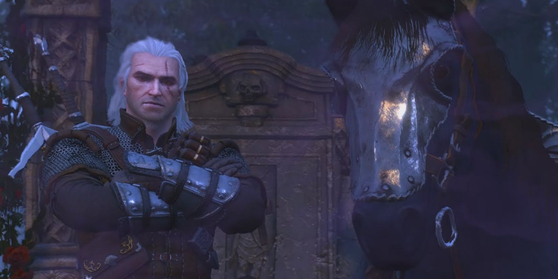 Geralt et Roach regardant la caméra