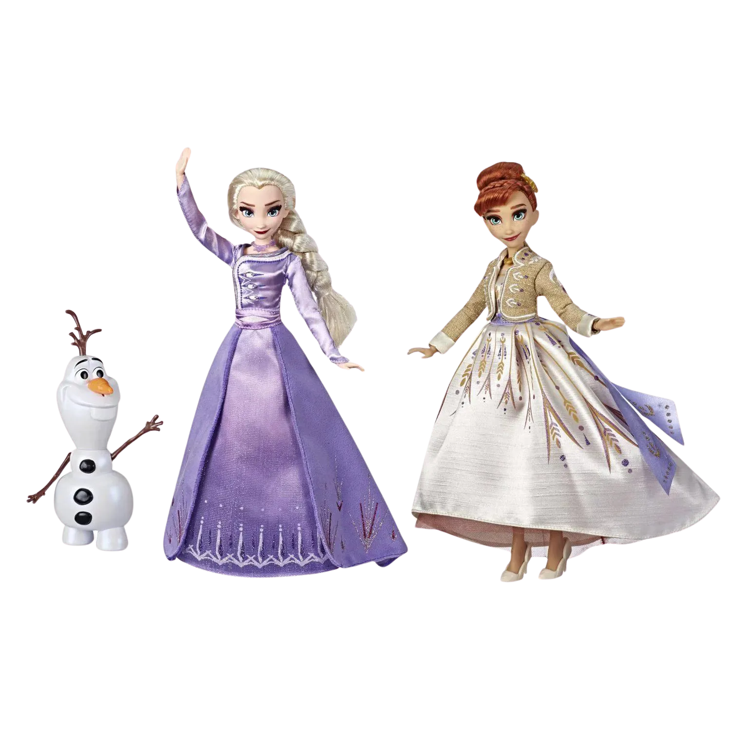 この画像は、エルサ、アナ、オラフのバービードールを示しています。