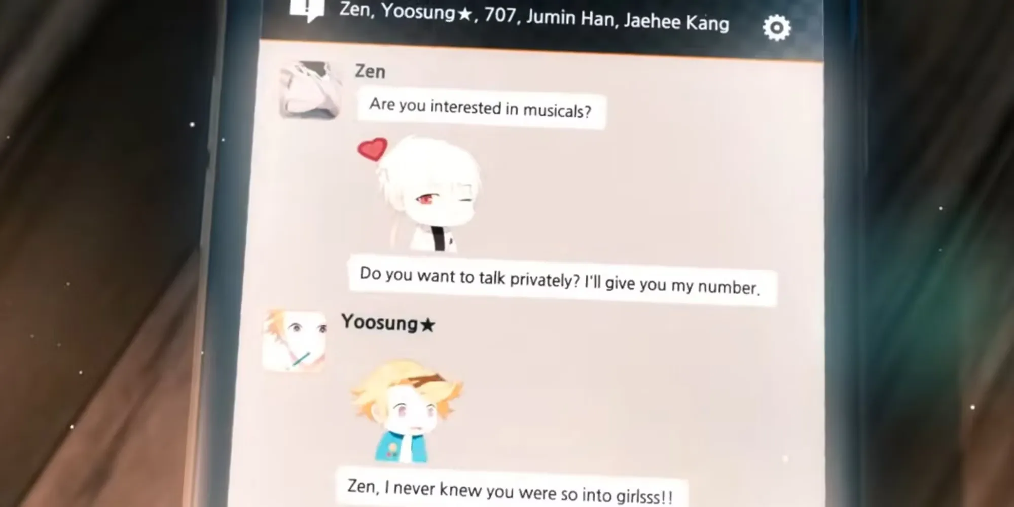 giocatore in chat con zen e yoosung che parlano