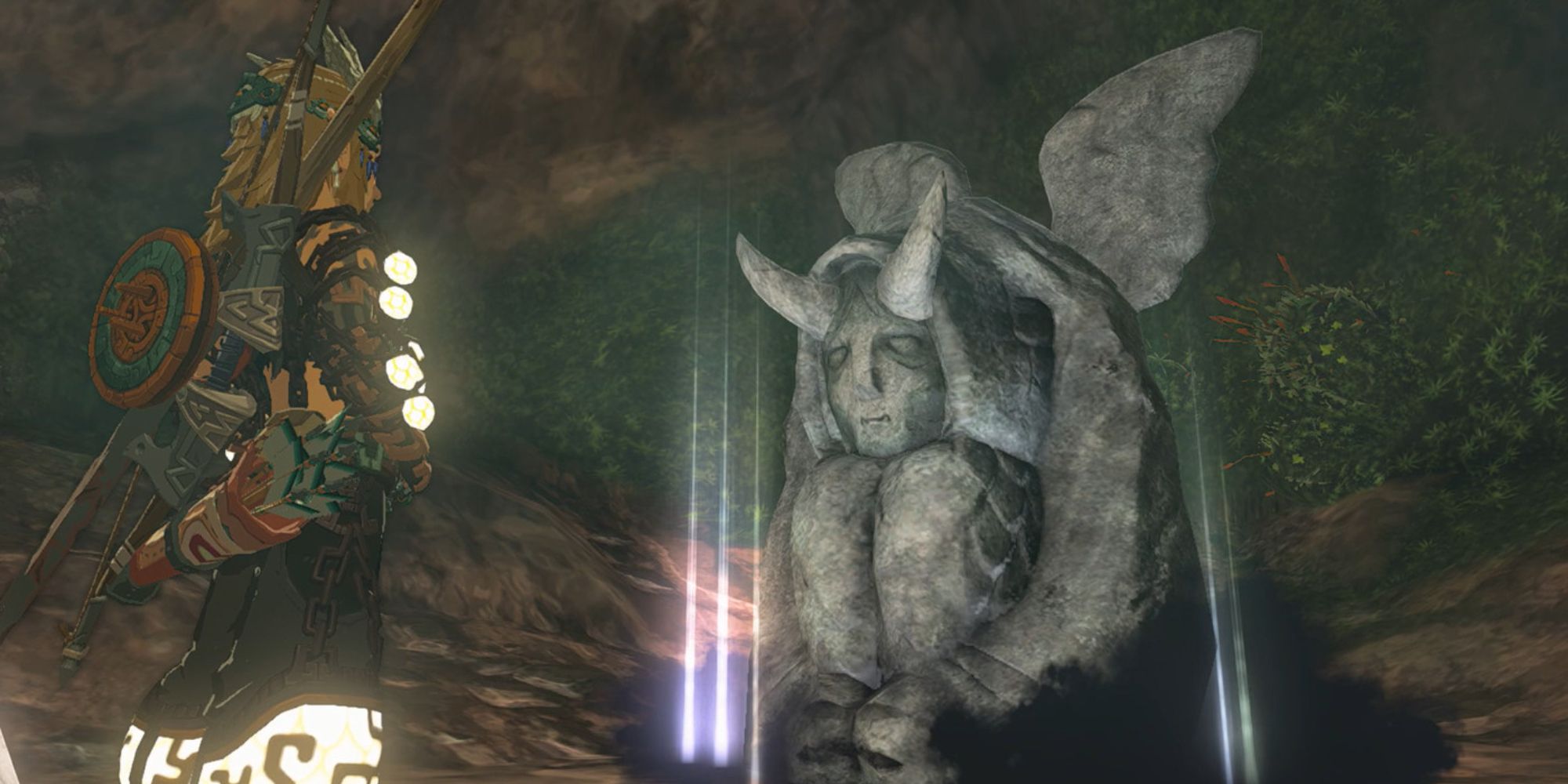 Link che guarda una statua cornuta luminosa