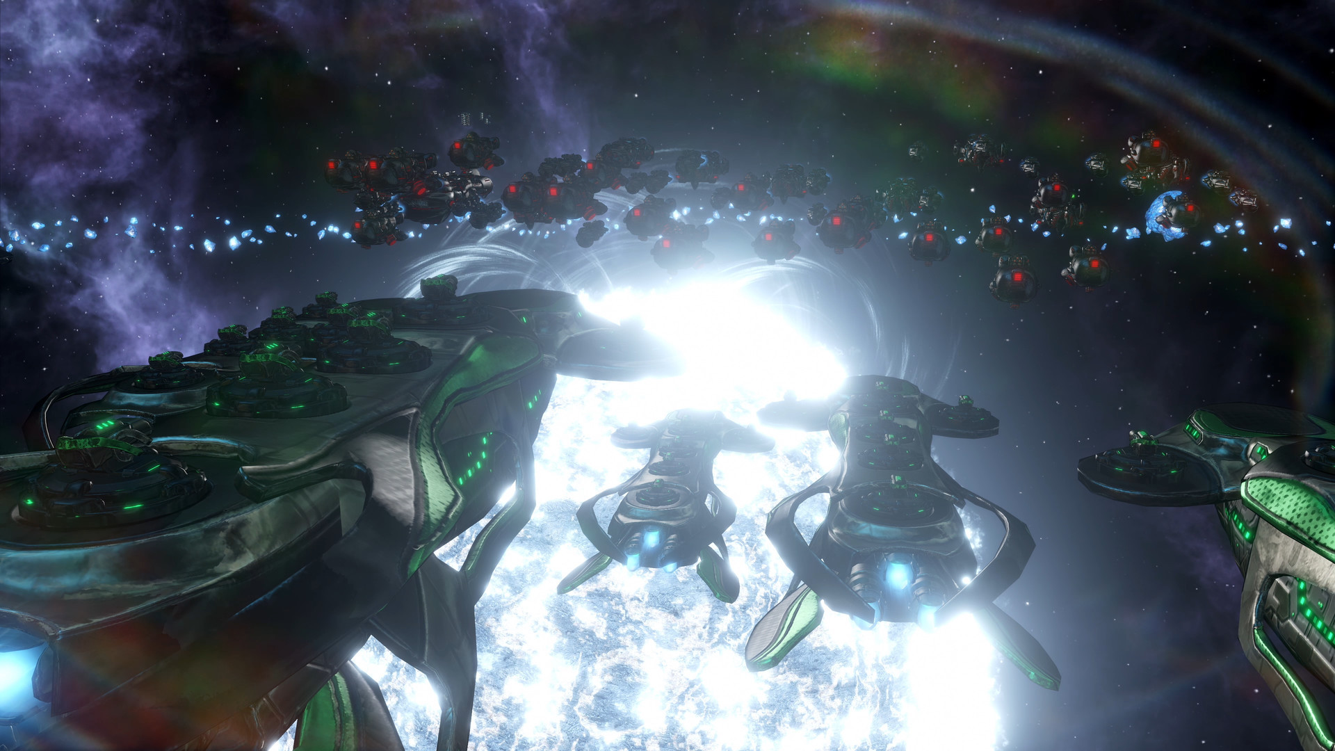 Скриншот Stellaris, показывающий два противостоящих флота в орбите нейтронной звезды