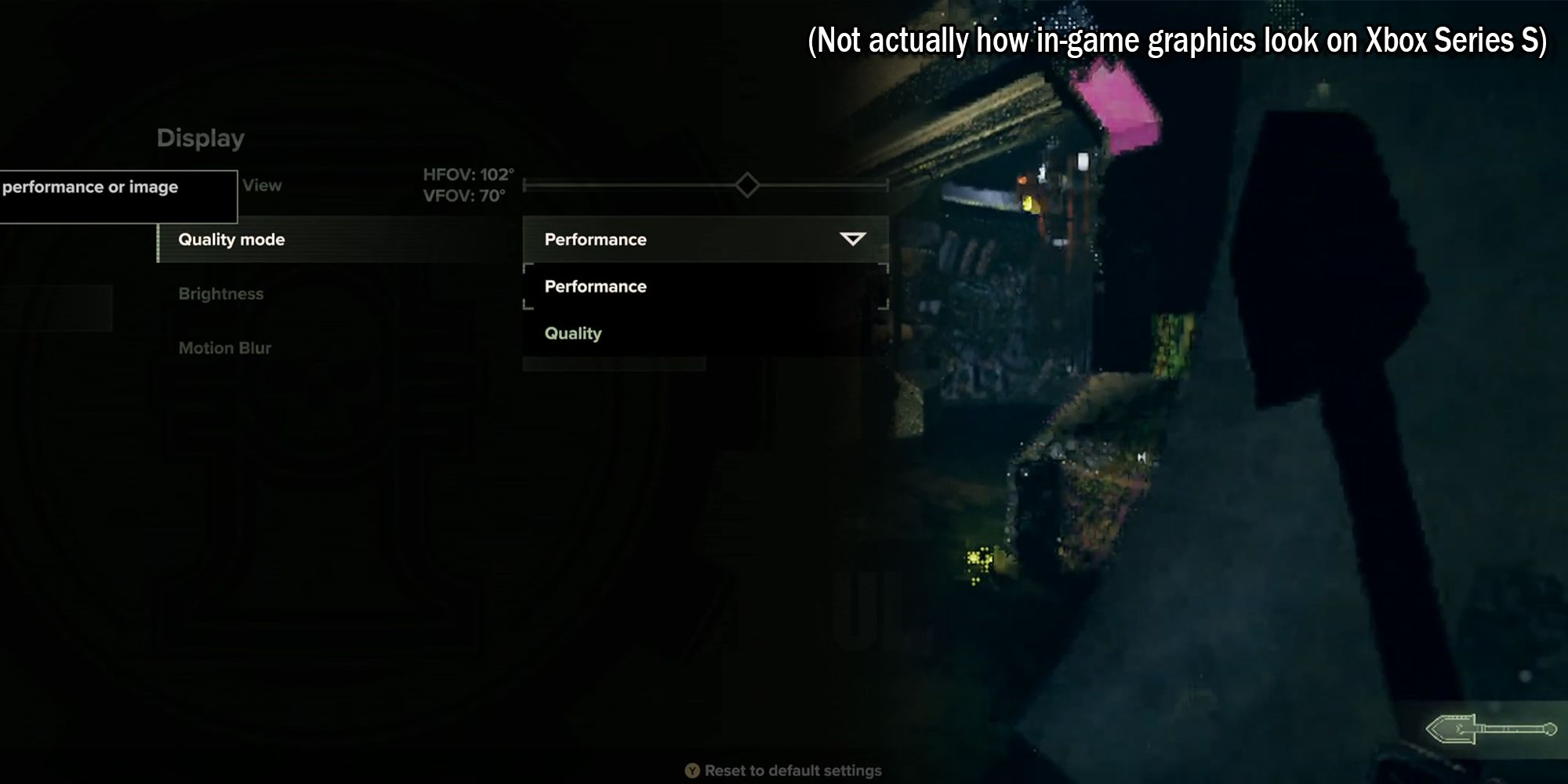 Darktide - Performance Mode On Console Next To Joke Image Of Modded Extra Low Graphic Settings