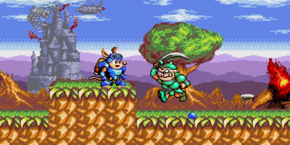 Sparkster fighting an enemy in the first level of the game.