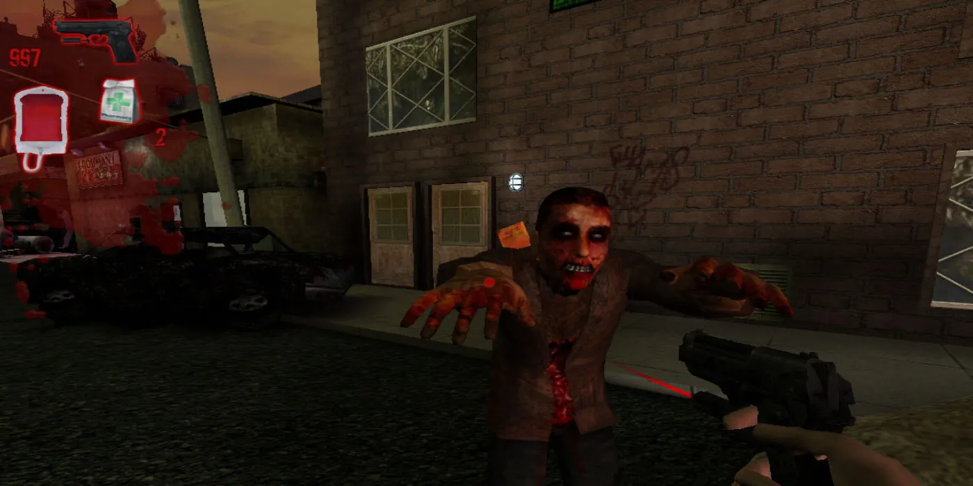 Un zombie se jetant sur le joueur près d'une voiture détruite