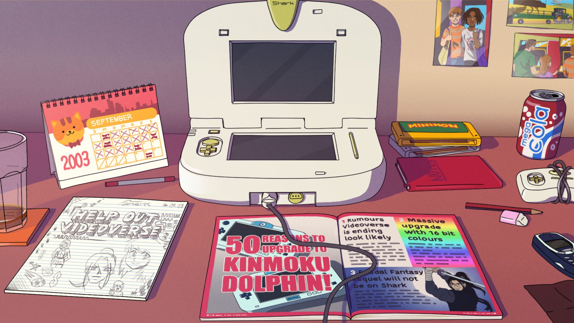 Снимок экрана из Videoverse, показывающий вымышленную видеоигровую консоль, похожую на громоздкий Nintendo 3DS, а также некоторые журналы, газировку и календарь на столе.