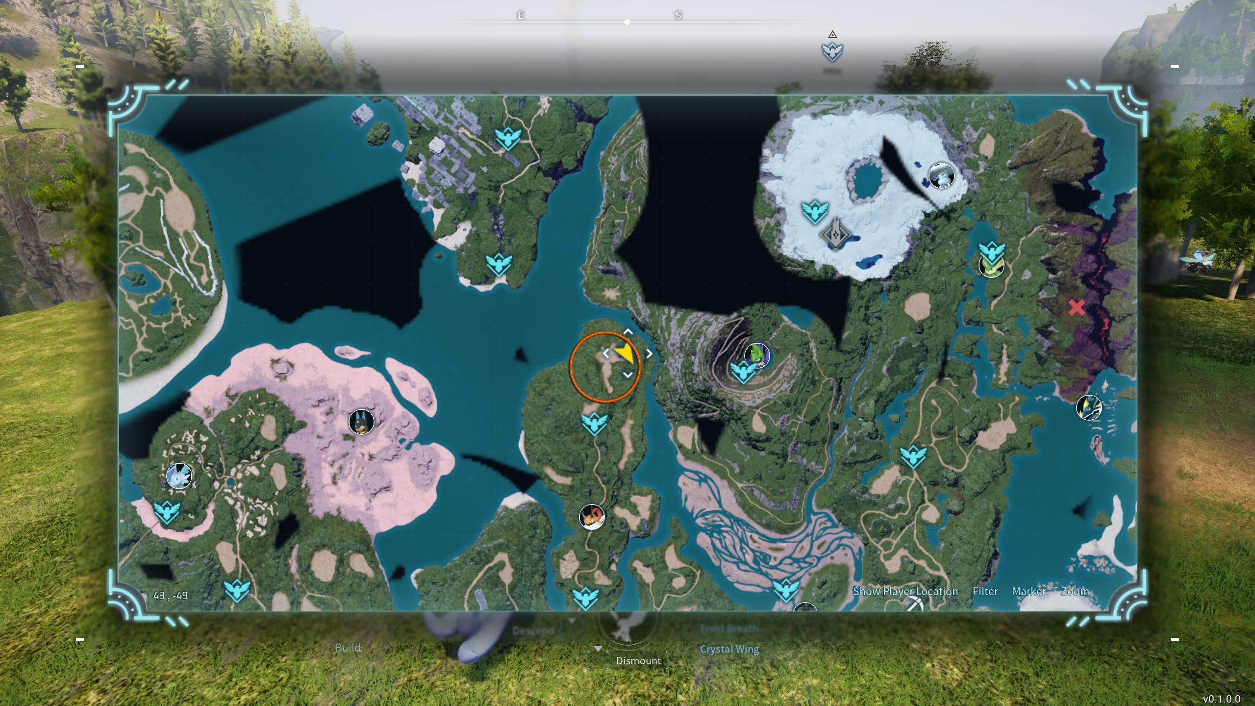Un círculo en el mapa mostrando la ubicación de Beegarde en Palworld