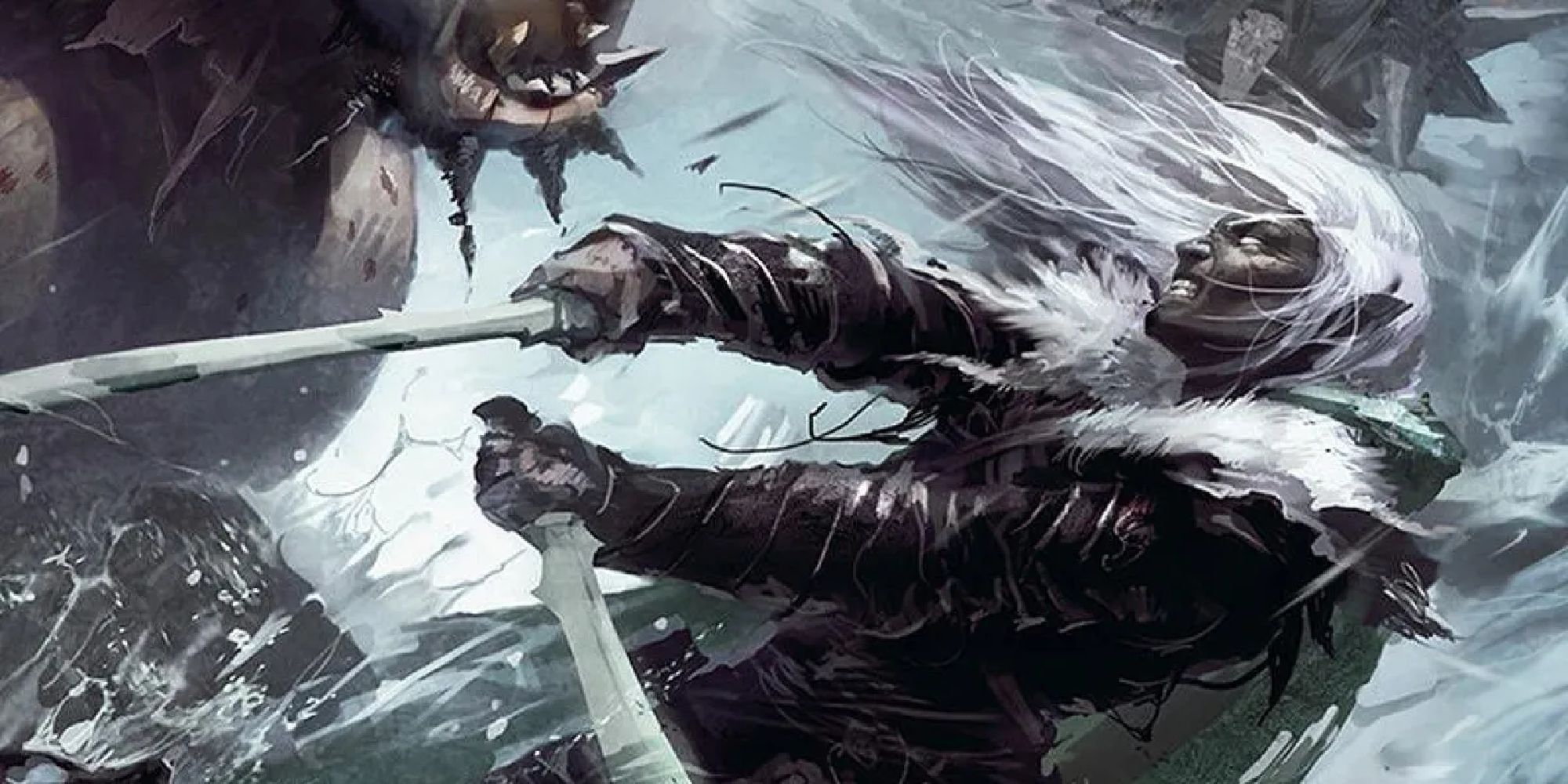 Drizzt Do’Urden dual-wielding scimitars against a monster in a snow-swept region.