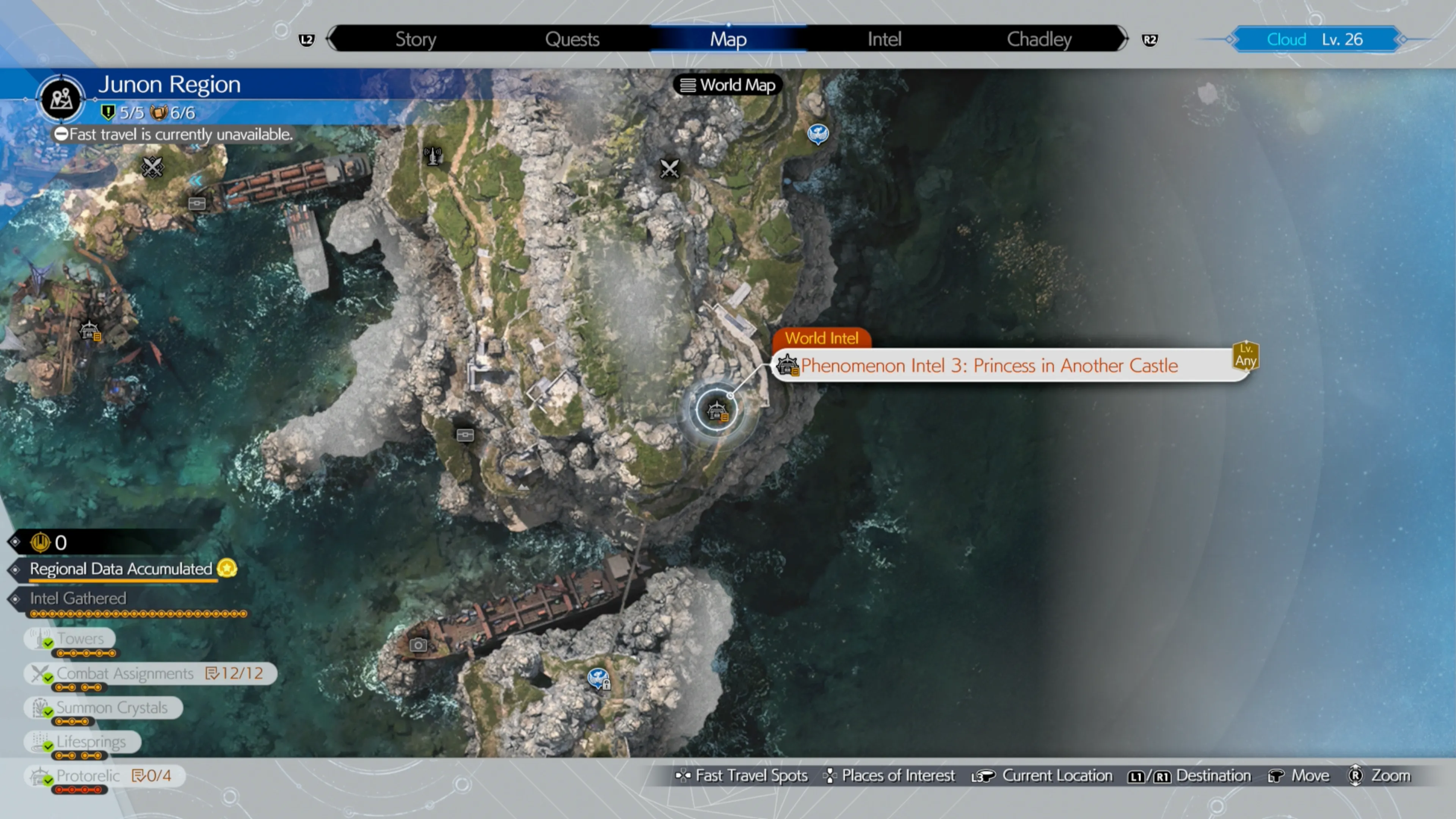 La ubicación de la tercera Inteligencia del Fenómeno en tu mapa en la Región de Junon en Final Fantasy 7 Rebirth