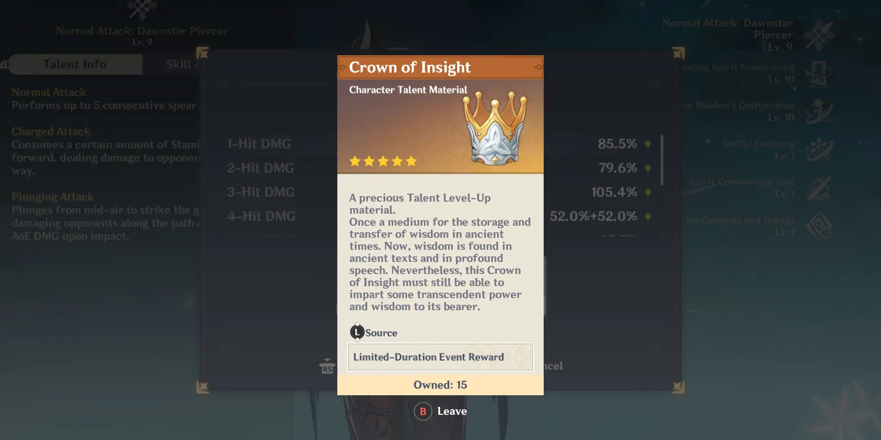 La schermata di descrizione della Corona dell'Intuizione all'interno dello schermo delle abilità in Genshin Impact.